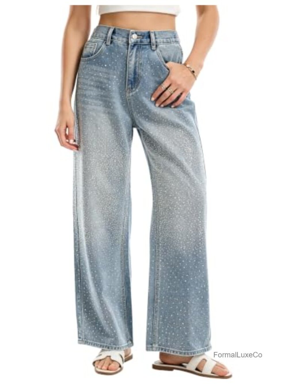 Wide Leg Rhinestone Embellished High Rise Jeans Sparkly Denim Pants